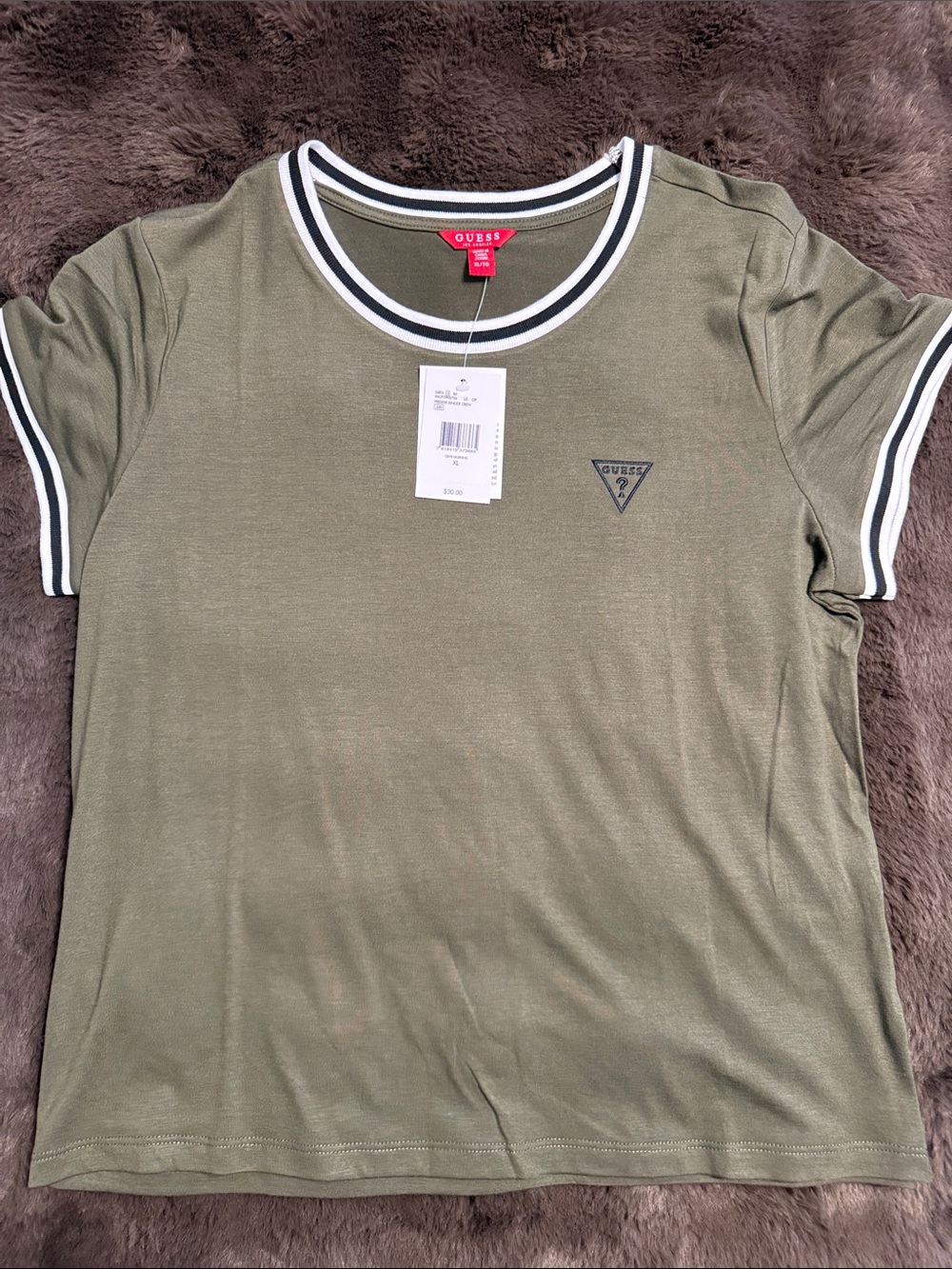 Guess Olive Green Short Sleeve Tee with White & Black Trim